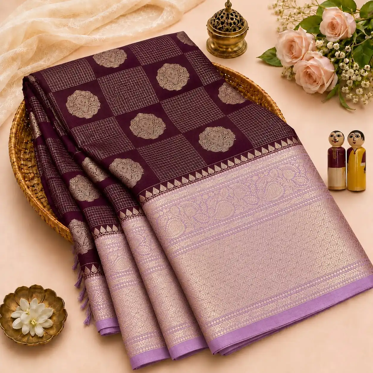 Traditional Round Motif & Grid Check Semi Silk Saree